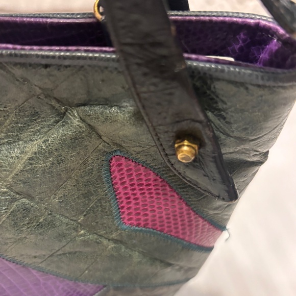 SHARIF Handbag Green Purple & Red Embossed Leather Full Zip - Picture 3 of 14